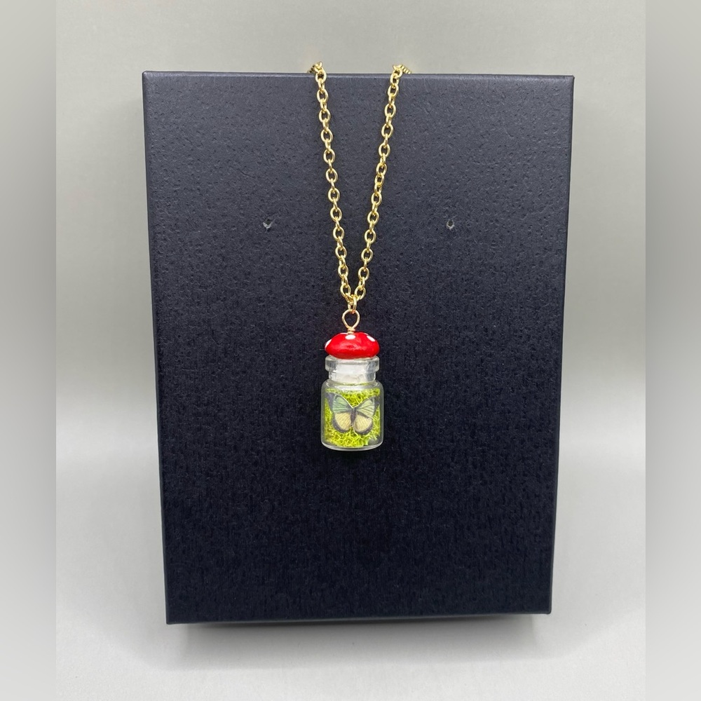 🍄🍃🦋Cottagecore Amanita Mushroom Butterfly Glass Vial Necklace